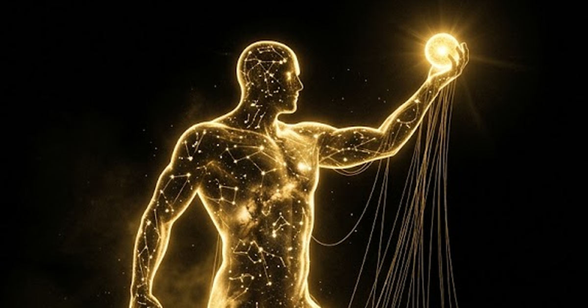 A colossal golden titan rendered as a constellation, holding a sphere of light above a darkened earth, void black background