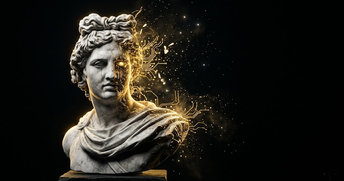 A marble bust of a Greek deity dissolving into golden circuitry and starlight against deep black, chiaroscuro lighting