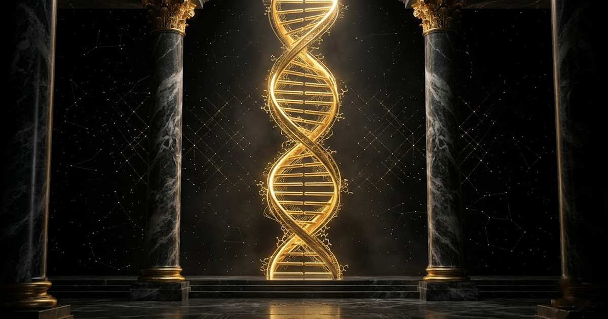A golden double helix rising like a column of light between two dark marble pillars, cosmic constellations behind, reverent atmosphere