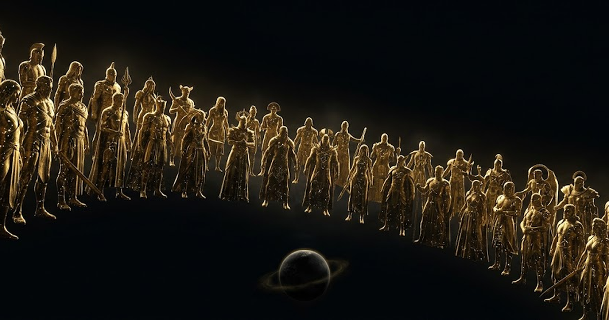 A vast pantheon of golden light suspended in cosmic void, constellated figures standing as guardians over a darkened world, deep negative space
