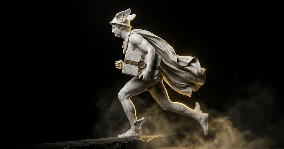 A carved marble figure of Hermes mid-stride carrying a sealed tablet through swirling haze, gold rim light catching the messenger as he crosses a dark threshold