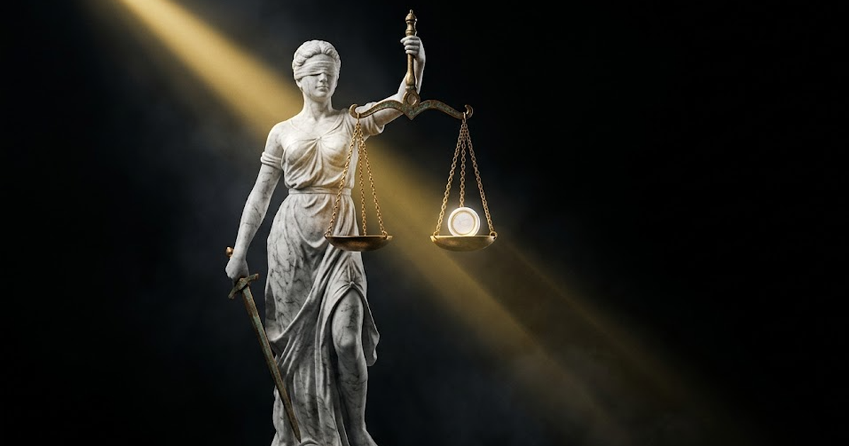 Themis carved in white marble holding balanced scales, one pan bearing a small sealed disc, lit by a single hard gold beam against deep black negative space