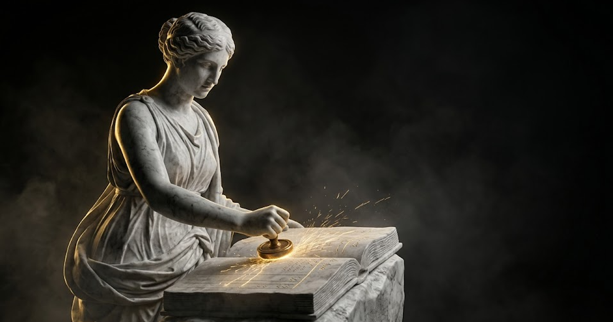 Mnemosyne, goddess of memory, carved in marble pressing a glowing seal onto a stone ledger, sparks of gold light along the engraved edge, surrounded by volumetric haze and dark space