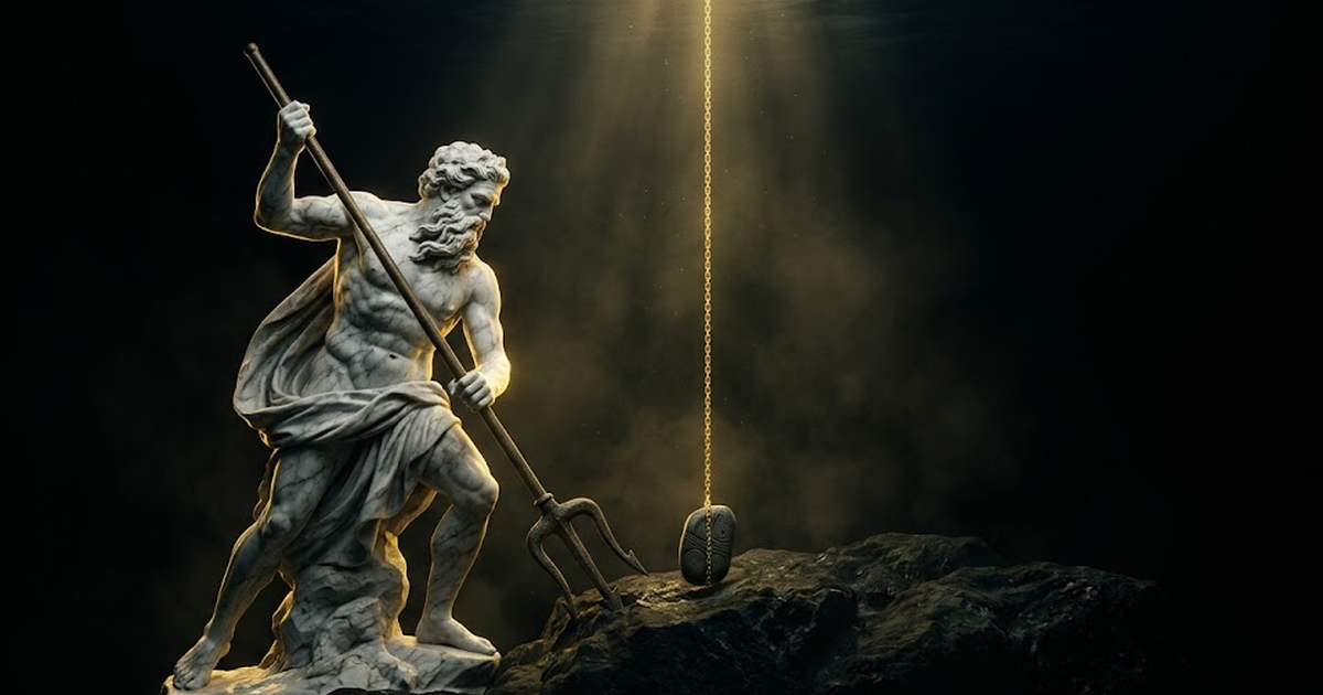 Poseidon carved in marble driving a trident into bedrock beneath dark water, a chain of light descending from the surface to anchor a single sealed stone, gold rim light, wide cinematic frame