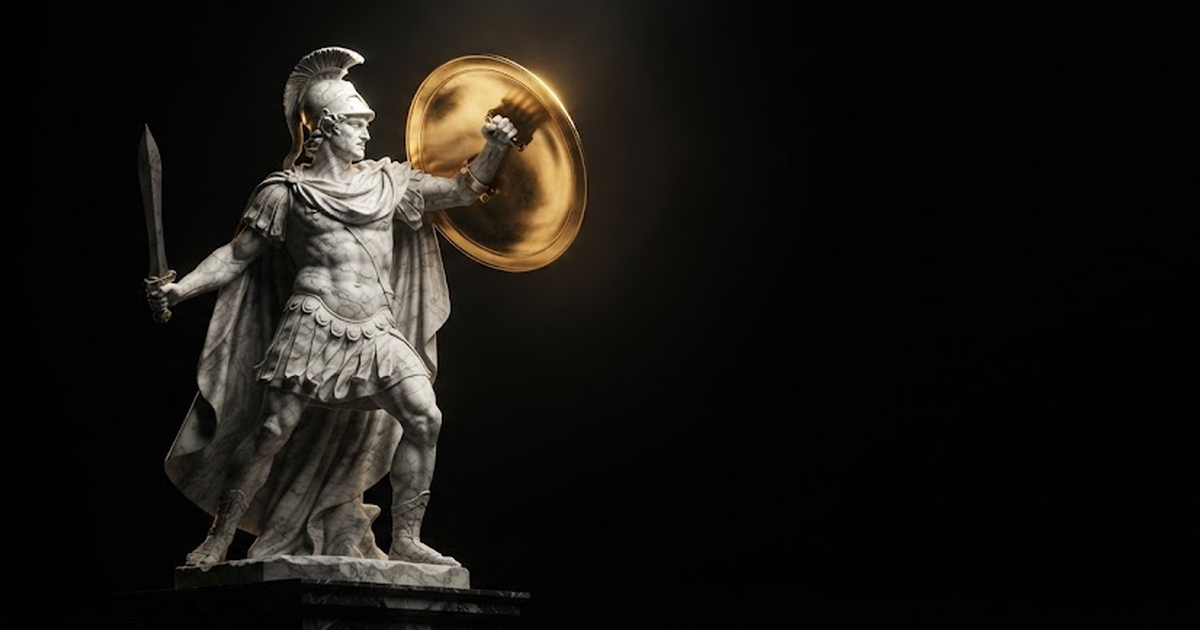 A colossal marble statue of Perseus holding up a polished mirrored shield, his face turned away, lit by gold light against black.