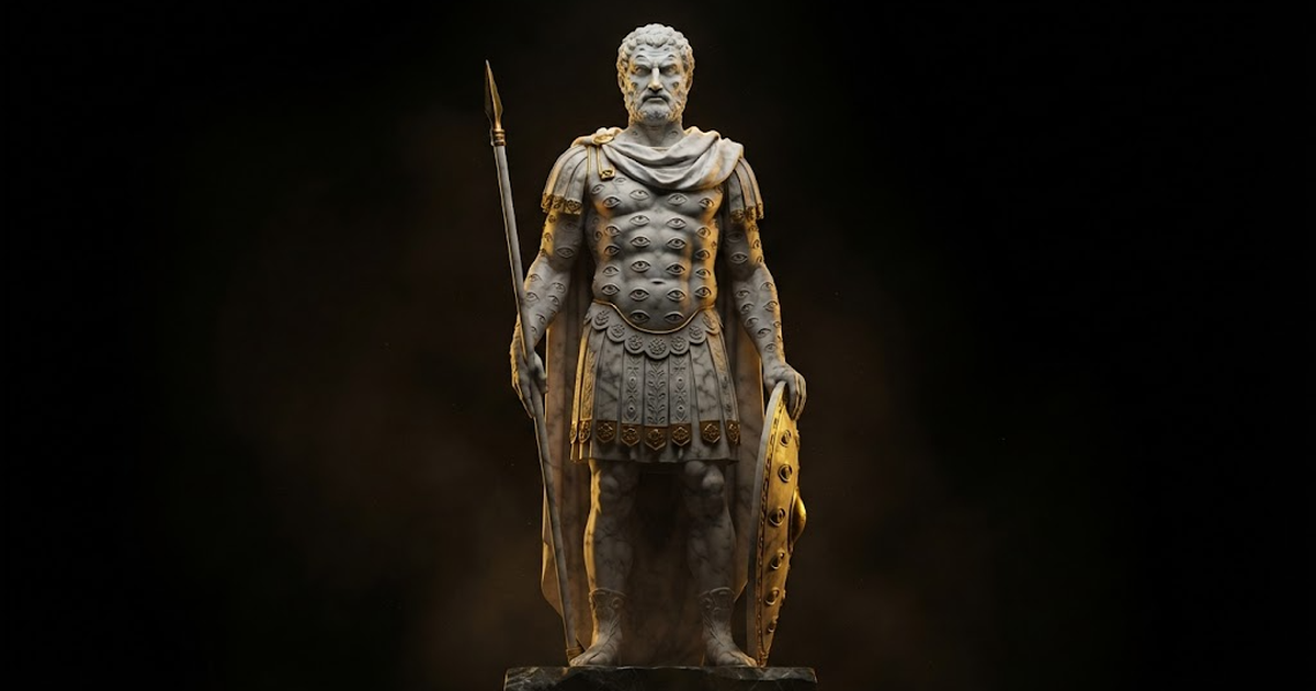 A colossal marble statue of Argus Panoptes covered in many watchful eyes, standing sentinel in gold light against a black void.