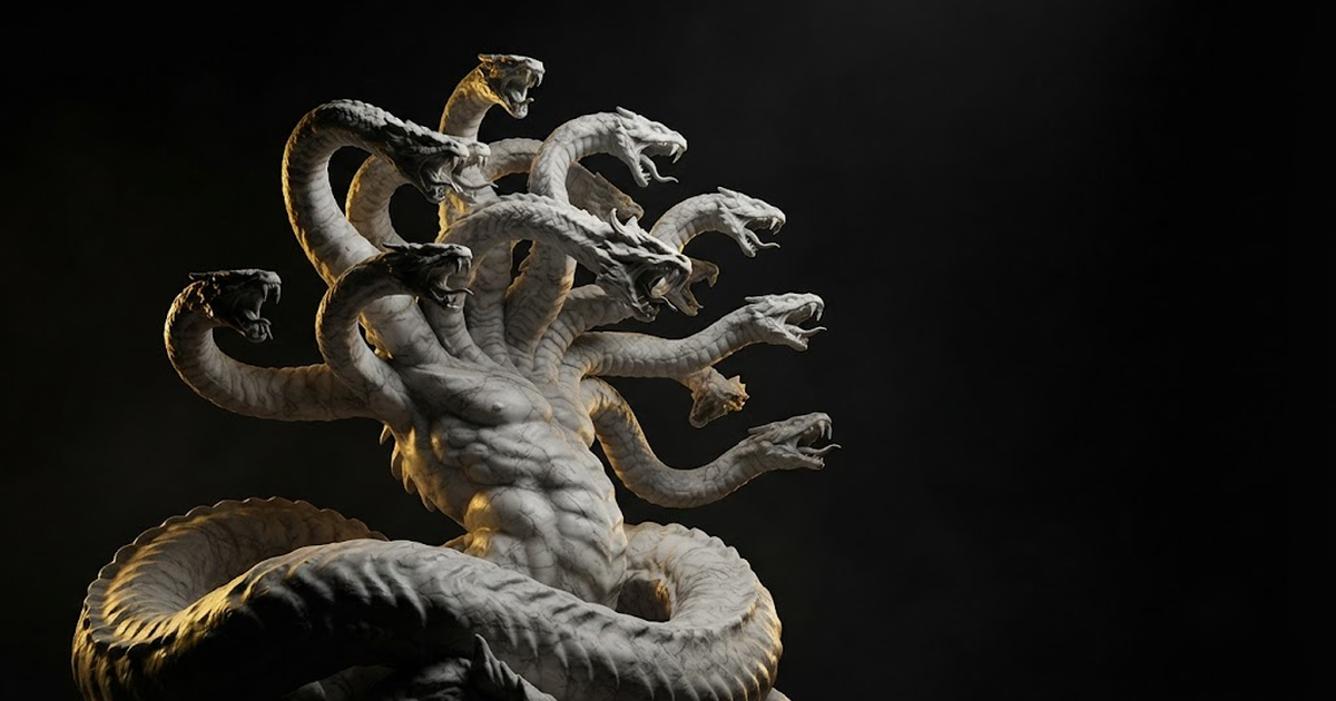 A colossal marble statue of the many-headed Hydra rearing up, coiled and defiant, lit by gold storm light against a black void.