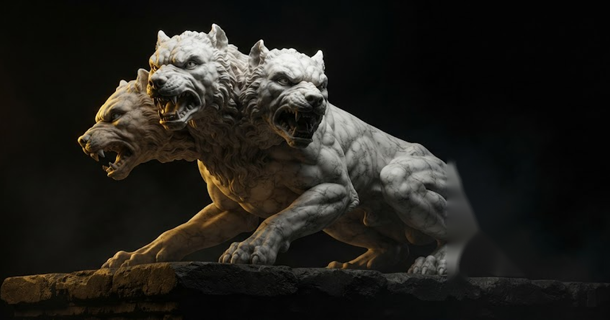 A colossal marble statue of Cerberus, the three-headed guardian hound, standing watch at a threshold in gold light against black.