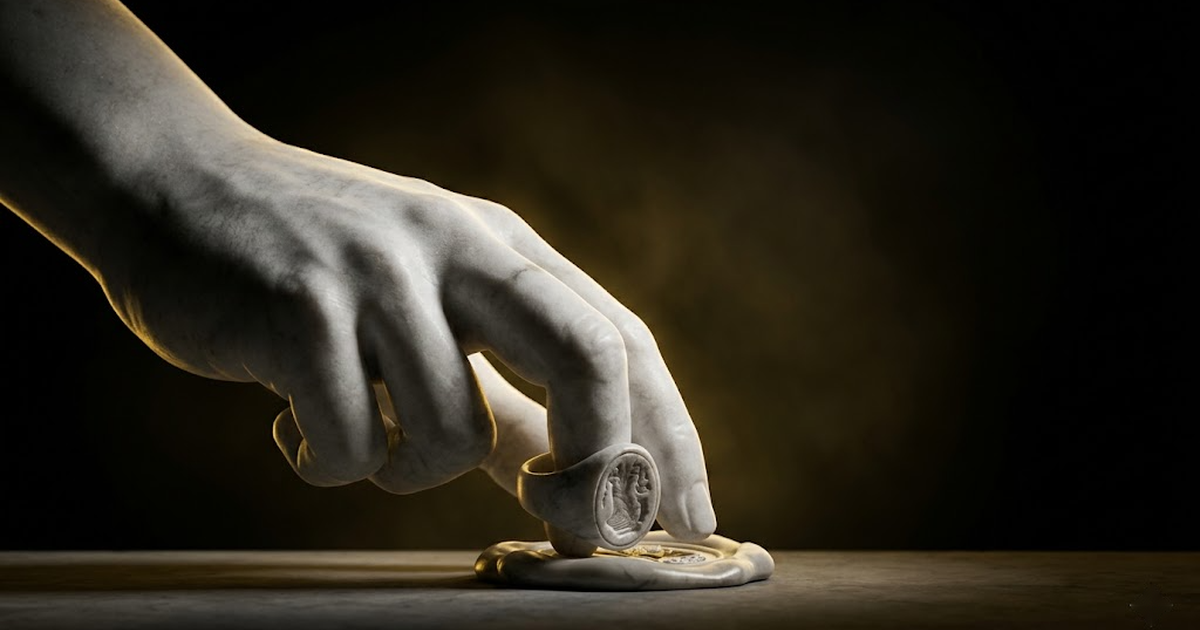 A marble classical hand pressing a signet ring into a wax seal, lit by a single gold rim light against void black