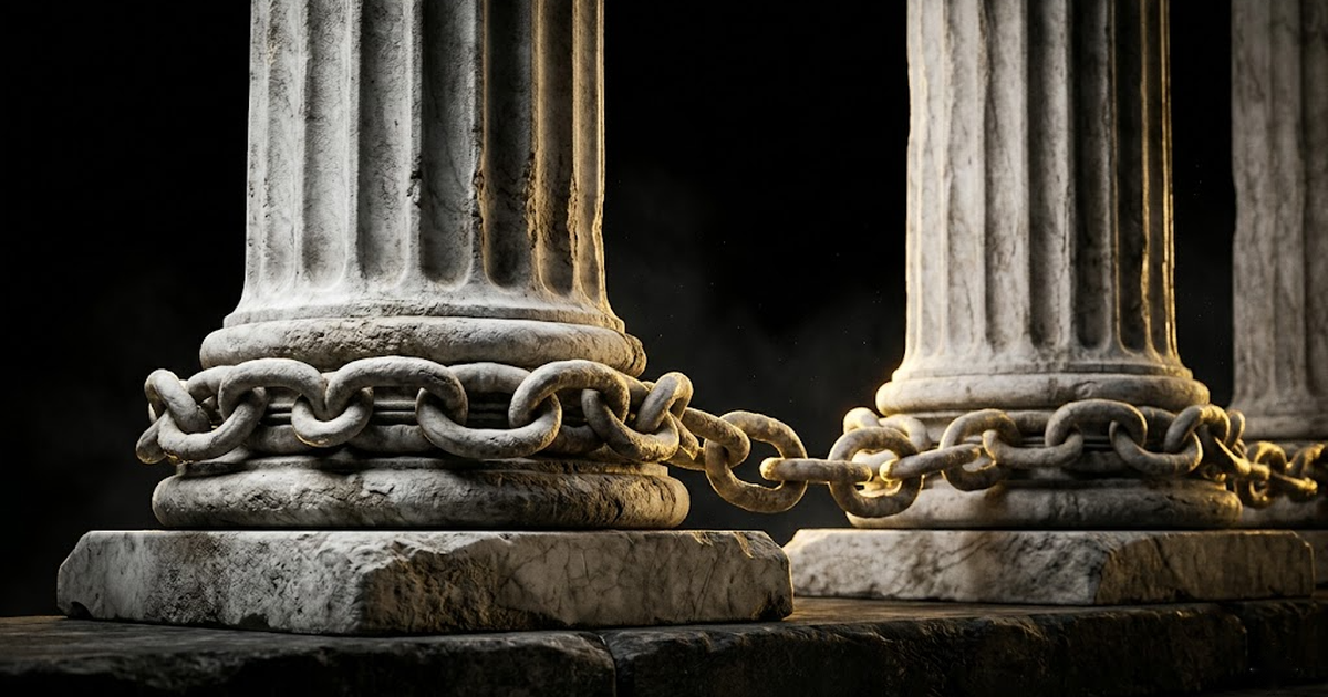 Marble columns joined by a carved stone chain, gold-rimmed against void black, evoking an unbroken hash-chained record