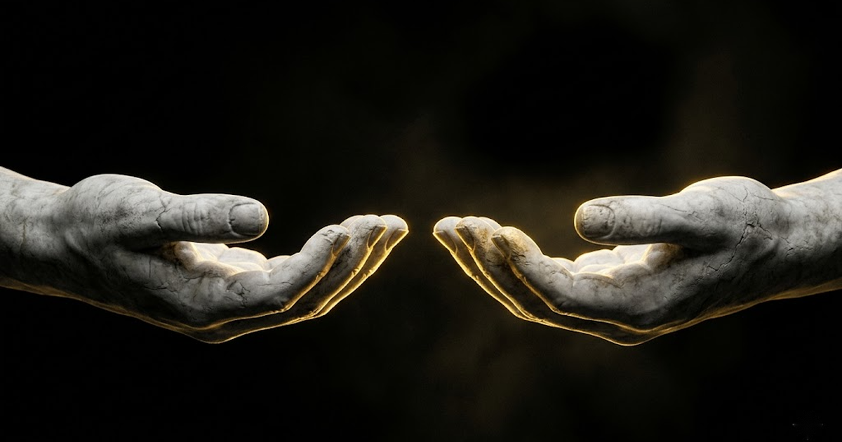 Two classical marble hands held palms up as if weighing two identical objects, lit by a thin gold rim light on a void black background.