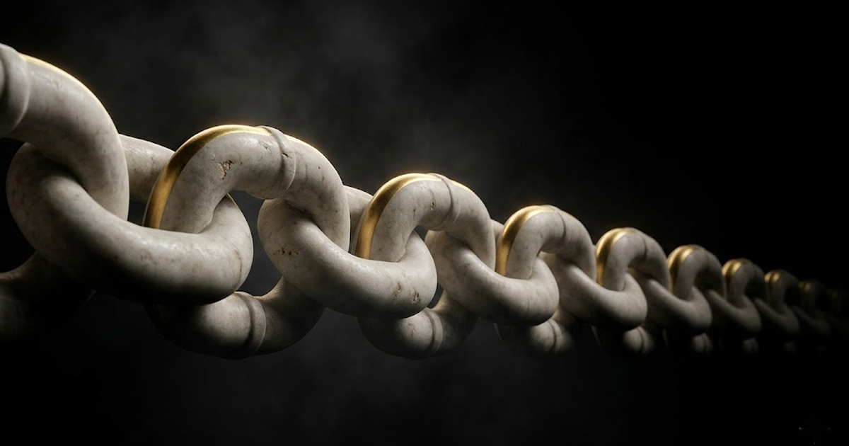 A seamless chain of identical links carved from a single block of marble, each link rimmed in gold light, receding into darkness on a void black background.