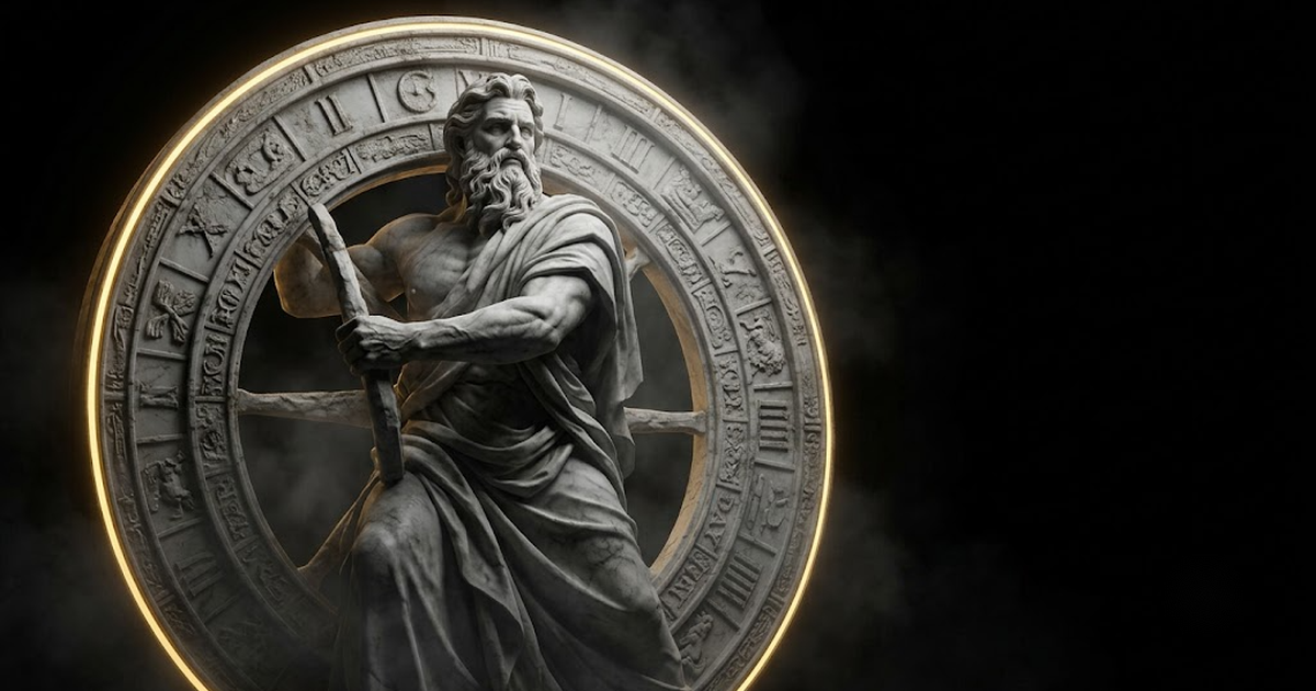 A colossal marble statue of Chronos holding a great motionless wheel of hours lit by gold light against a black void