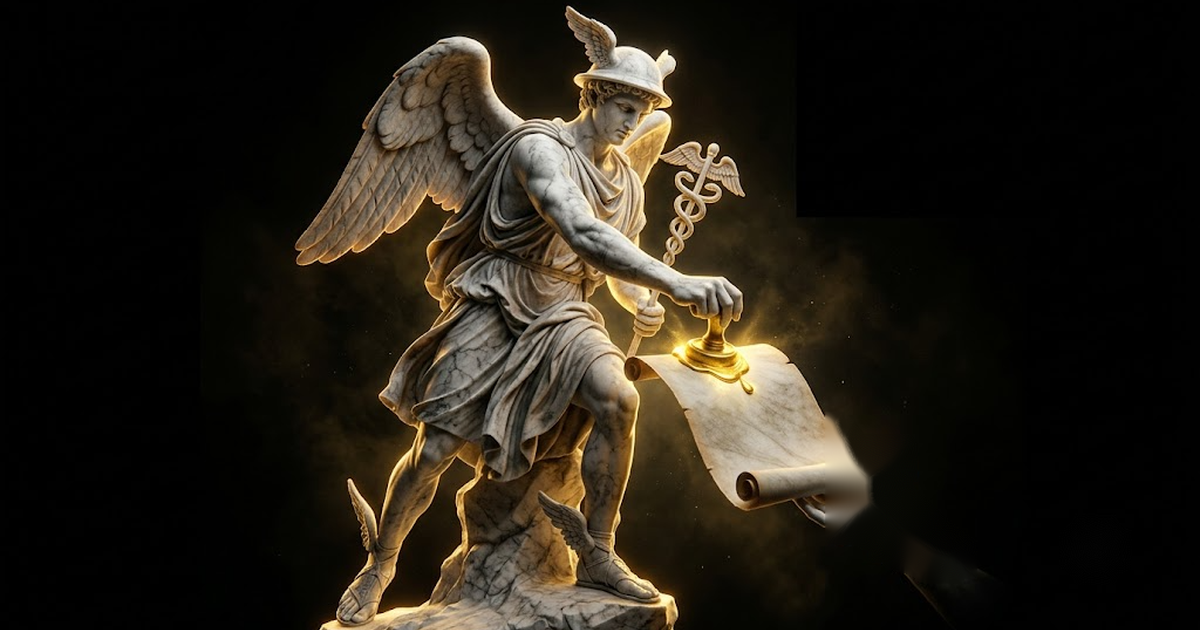 A colossal marble statue of Hermes pressing a glowing golden seal onto a scroll passed between two hands against a black void