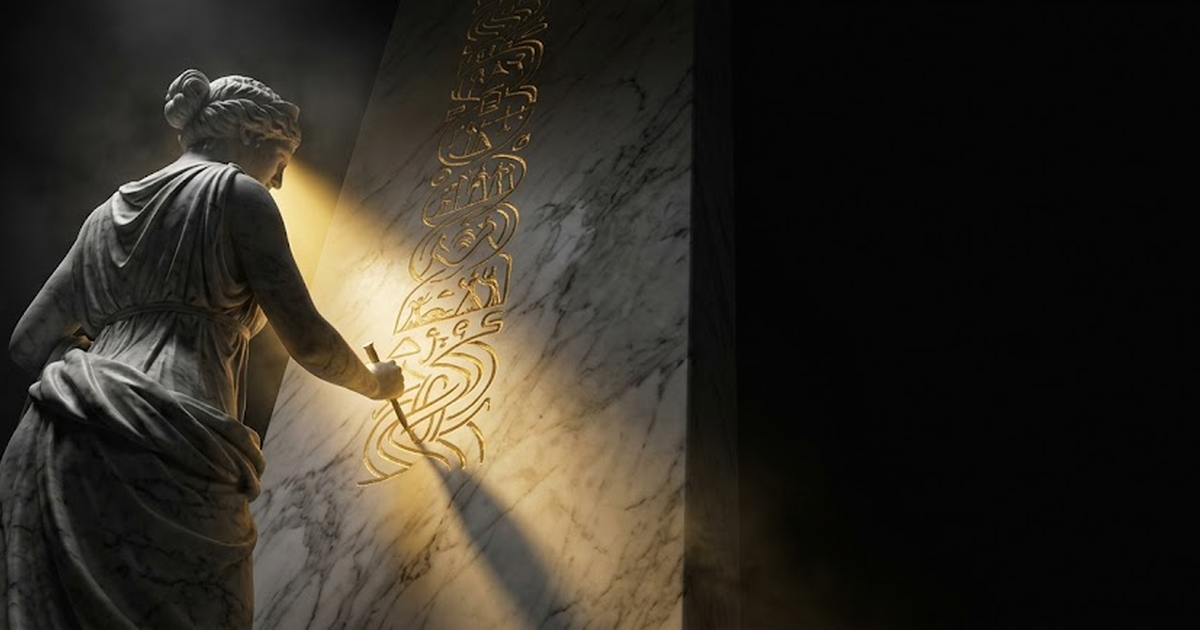 A colossal marble statue of Mnemosyne inscribing an unbroken column of records into gold-veined stone against a black void