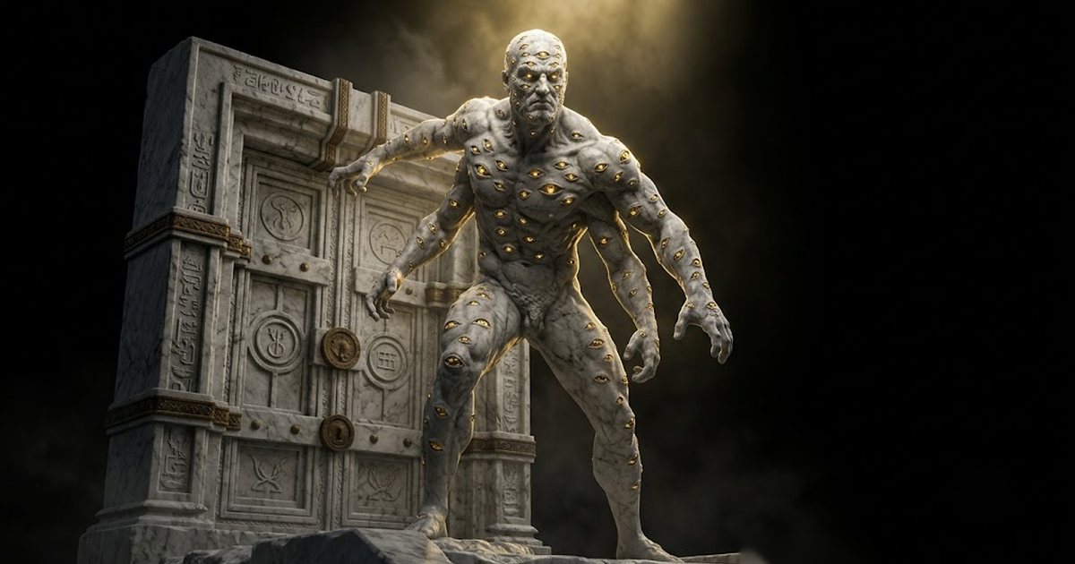A colossal marble statue of Argus covered in watchful golden eyes standing guard over a sealed gateway against a black void