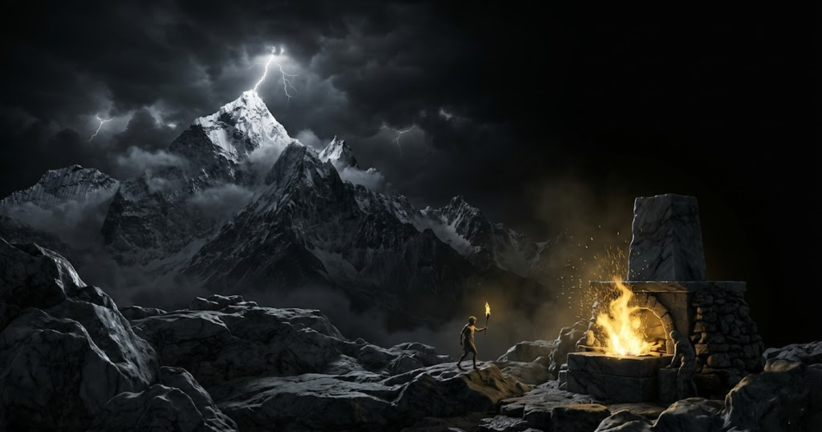 A lone figure in silhouette carrying a single ember of gold fire down a cold, cloud-wreathed offshore mountain towards a dark valley, the peak rendered in steel grey, the flame the only warm point in the frame.