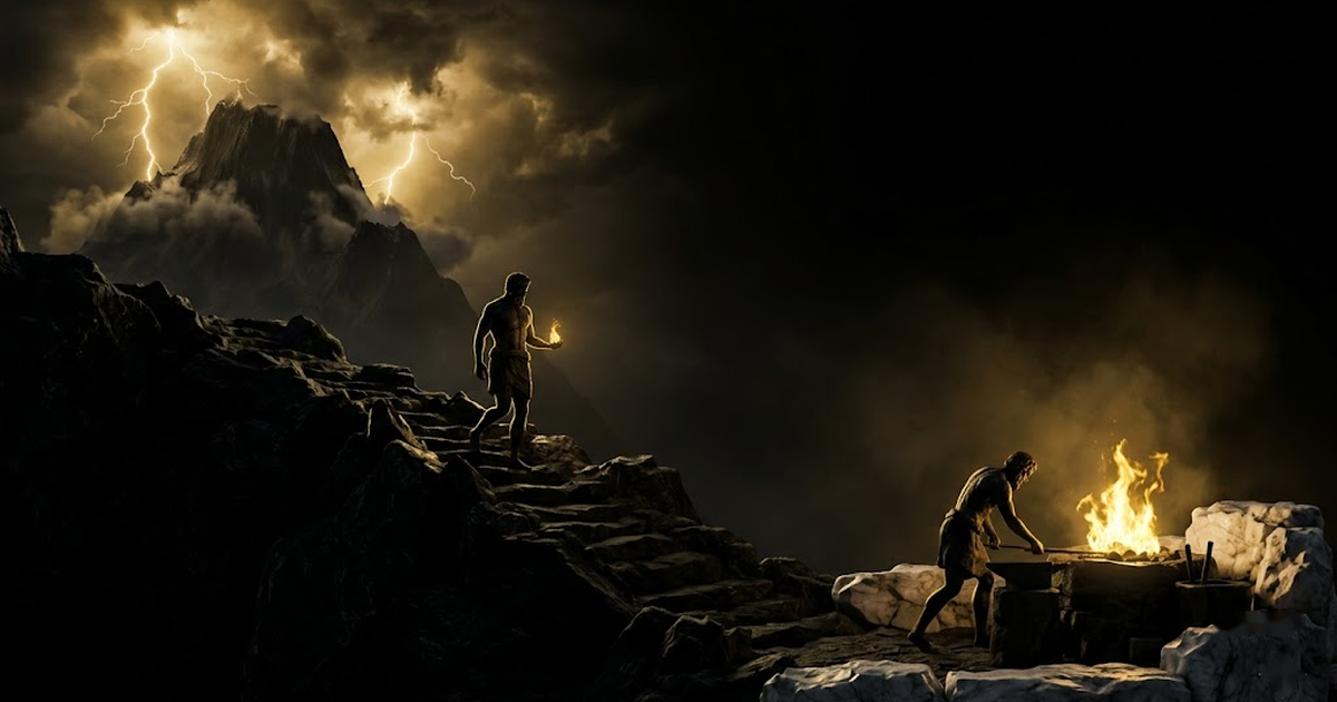 A figure kneeling at a stone hearth on home ground, touching the carried ember to dry kindling, the first catch of satin gold flame against void black, the offshore mountain now a faint cold shape on the far horizon behind.