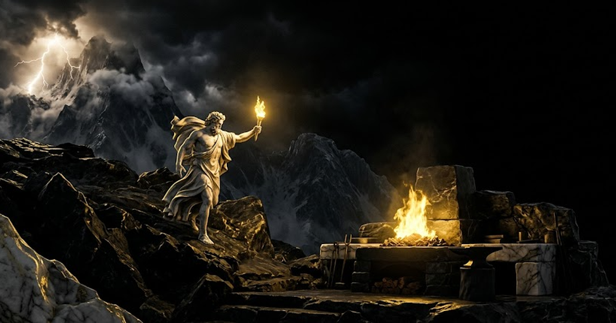 The home forge now ablaze with bright satin gold fire against void black, a settlement warmed by its light, the distant offshore mountain reduced to a cold dark silhouette far behind, the flame fully caught and self-sustaining on owned ground.