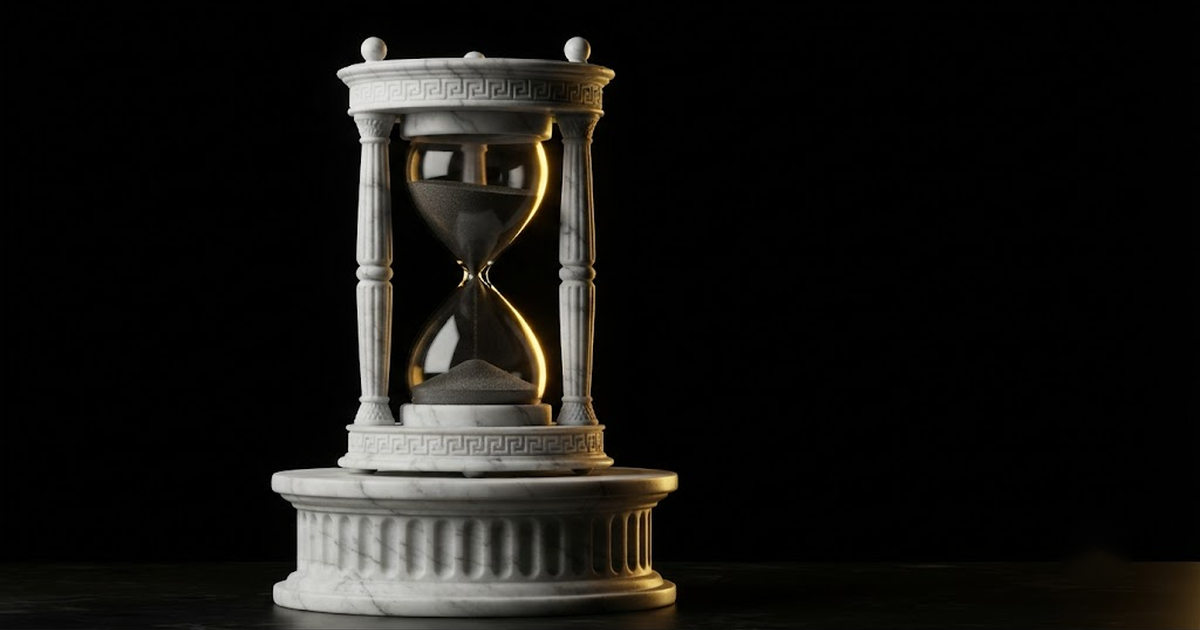 Classical marble scene, Chronos, gold rim light on void black