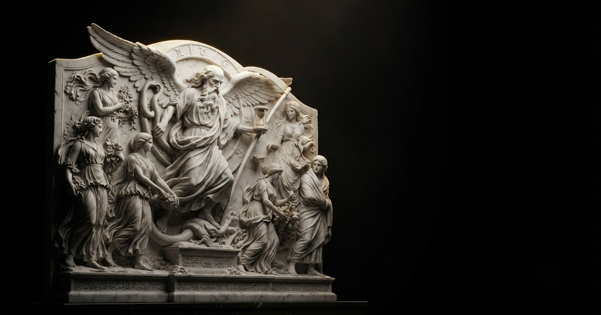 Classical marble scene, Chronos, gold rim light on void black