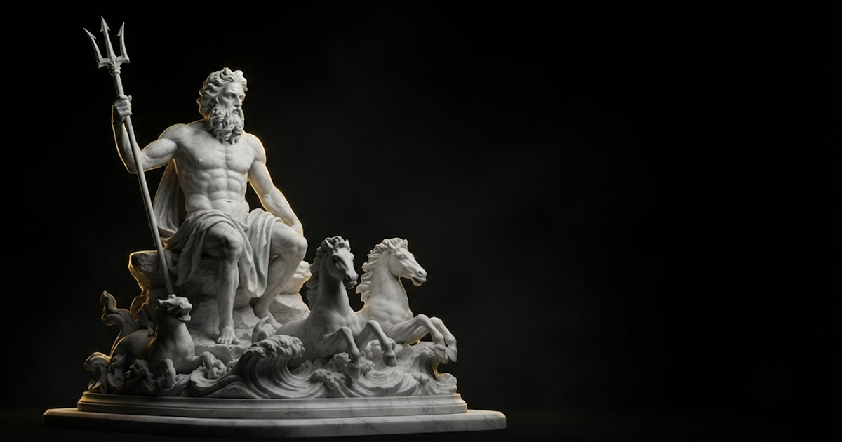 Classical marble scene, Poseidon, gold rim light on void black