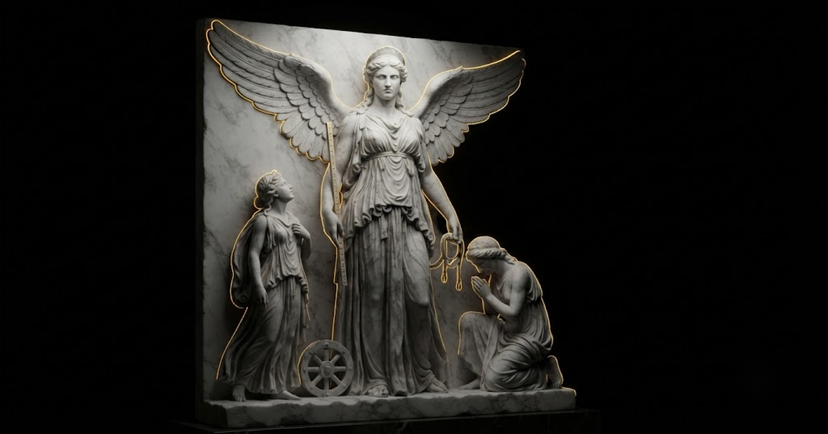 Classical marble scene, Nemesis, gold rim light on void black