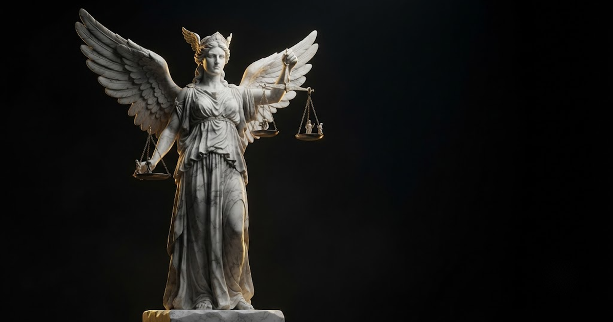A colossal marble statue of Nemesis holding balanced scales, lit by gold light against a black void.