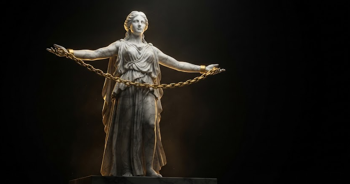 A colossal marble statue of Mnemosyne with an unbroken chain across her hands, gold-lit on black.