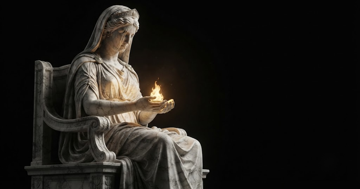 A colossal marble statue of Hestia guarding a contained golden flame, lit against a black void.
