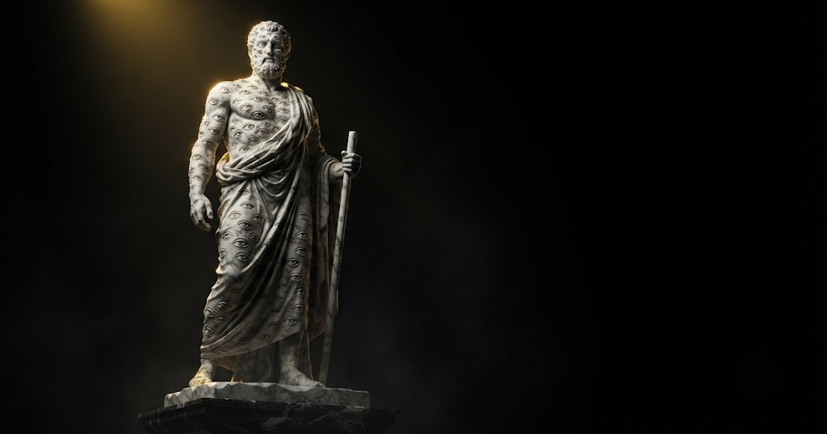 A colossal marble statue of Argus Panoptes covered in watchful eyes, gold-lit against a black void.