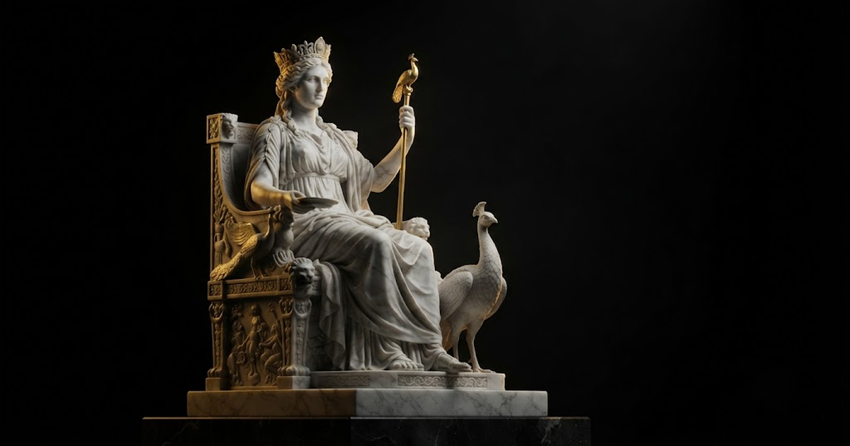Classical marble scene, Hera, gold rim light on void black