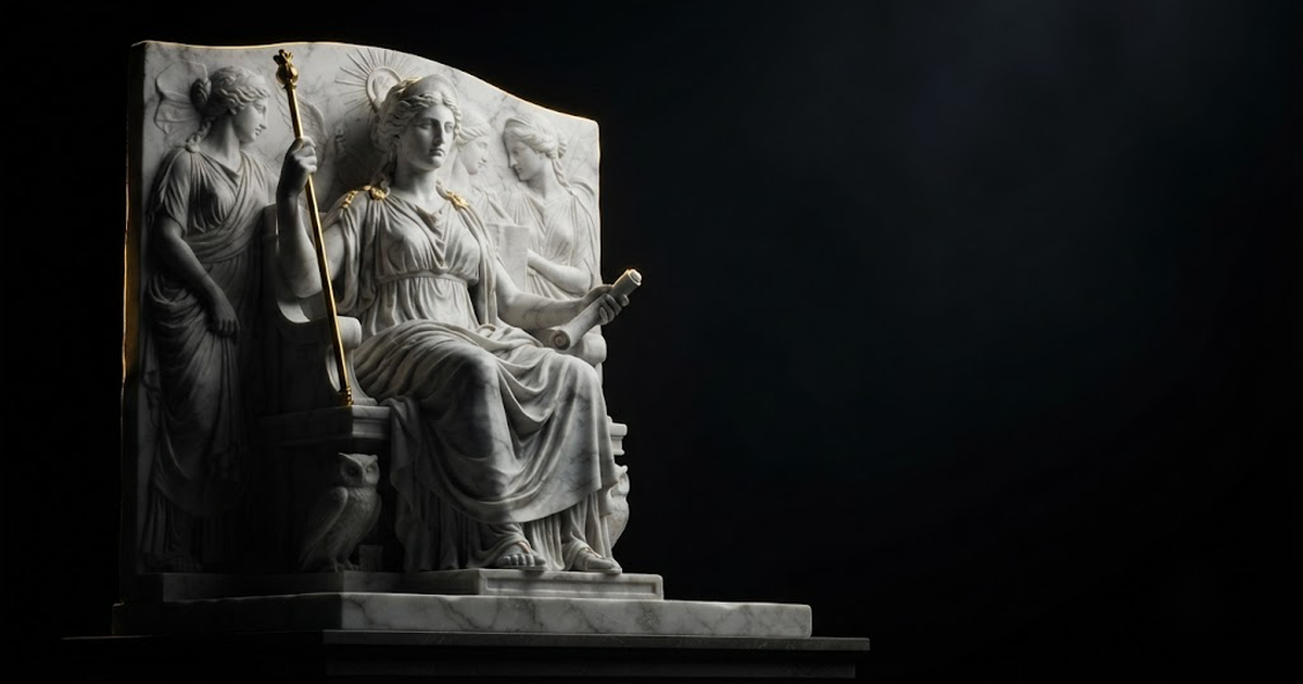 Classical marble scene, Metis, gold rim light on void black