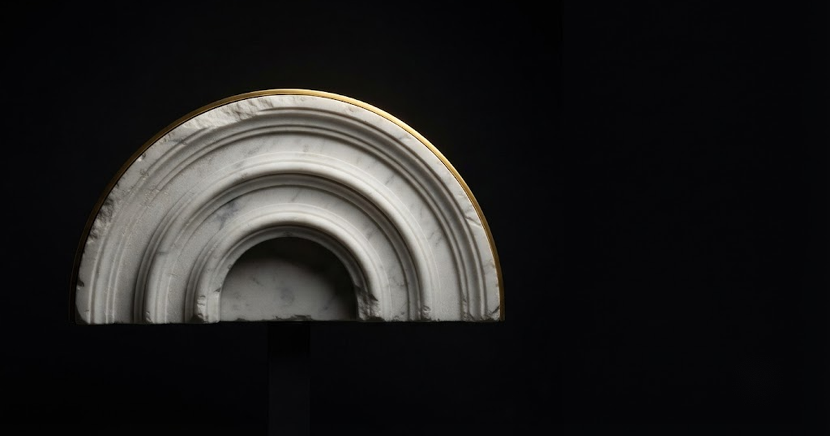 Classical marble scene, Iris, gold rim light on void black