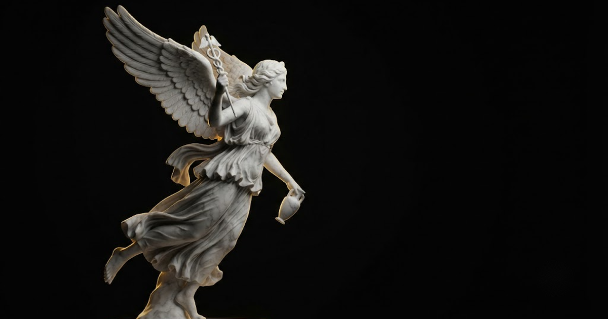 Classical marble scene, Iris, gold rim light on void black