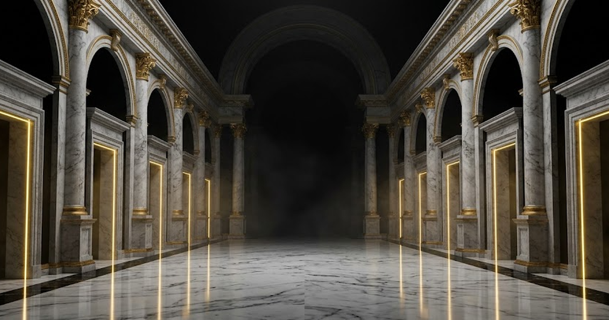 A vast classical pantheon interior rendered in void black and satin gold, eighteen marble doorways arranged in a colonnade receding into darkness, each doorway lit by a thin gold line, architectural s