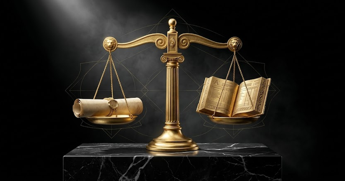 A golden balance scale resting on a black marble plinth, one pan holding a sealed scroll, the other a carved ledger, surrounded by faint geometric audit lines in gold, void black #050505 background, s