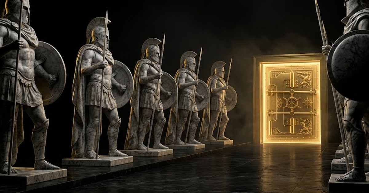 A row of faceless marble guardian statues standing before a single illuminated golden vault door, void black hall, satin gold #D4AF37 rim light against #050505, protective stance, classical mythologic