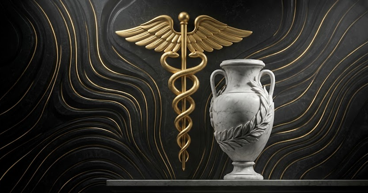 A golden caduceus and a laurel-wreathed amphora set against a wall of black stone carved with flowing channel grooves filled with thin gold light, void #050505 background, satin gold #D4AF37, classica