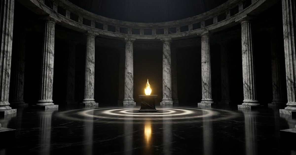 A circular oracle chamber in black marble, a single gold flame at the centre casting concentric rings, columns fading into void, satin gold #D4AF37 reflections on a polished #050505 floor, mythic and 