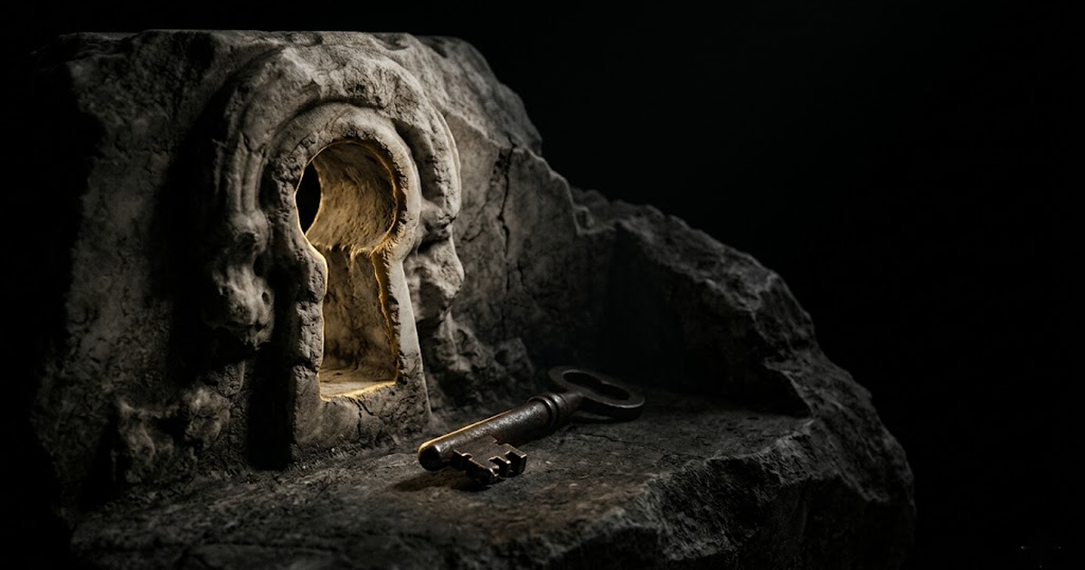 Marble keyhole and antique key lit by gold rim light against void black, evoking who holds the keys.