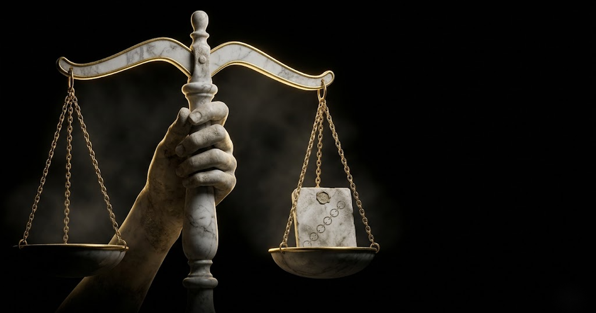 Marble scales of justice holding a chain-linked tablet under gold rim light against void black, evoking verifiable evidence.