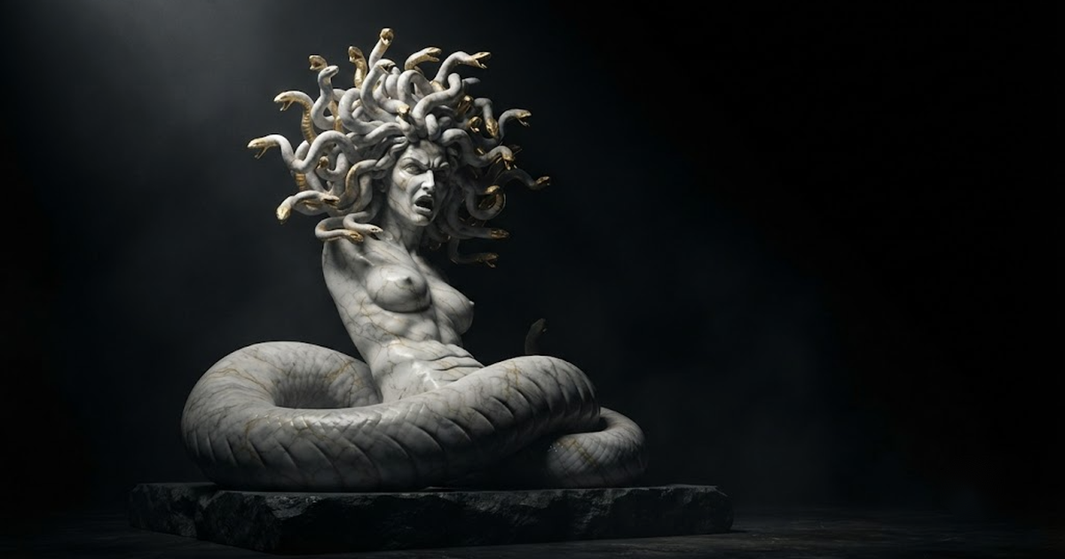 A giant marble Medusa with golden serpents in her hair looming in darkness