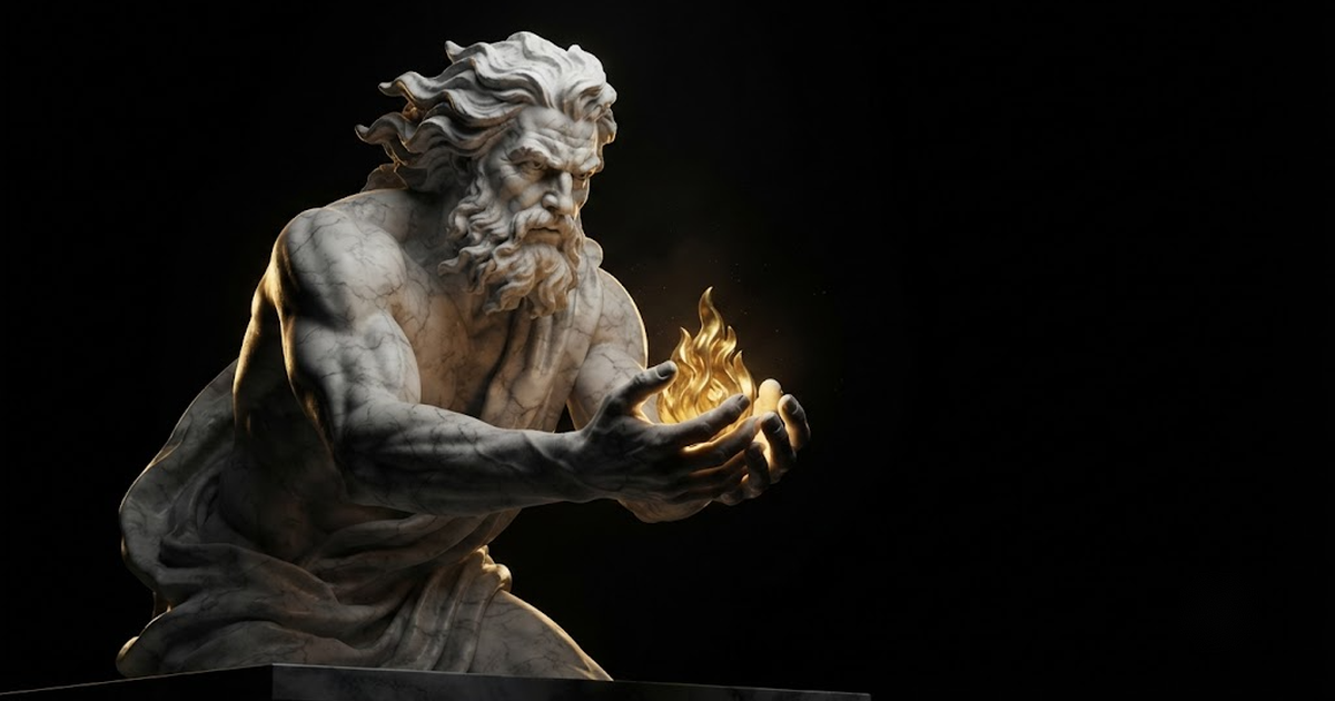 A giant marble Prometheus holding a small golden flame in cupped hands in darkness