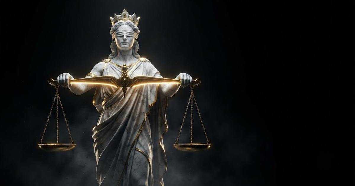 A giant blindfolded marble Themis holding level golden scales of justice in darkness