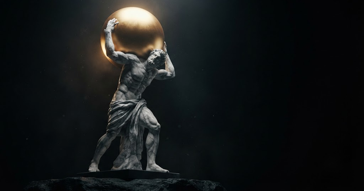 A giant marble Atlas carrying a glowing golden sphere on his shoulders in darkness