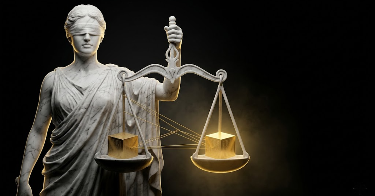 A marble relief of Themis holding balanced scales, each pan carrying a glowing gold cube etched with a hash-chain pattern, over a black void, symbolising sealed decisions weighed before settlement.