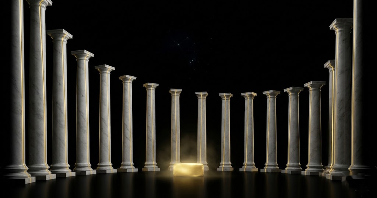 Fifteen marble columns with glowing gold veins converging into a single gold foundation stone against a black sky, representing fifteen application chains settling sealed value to one base layer.