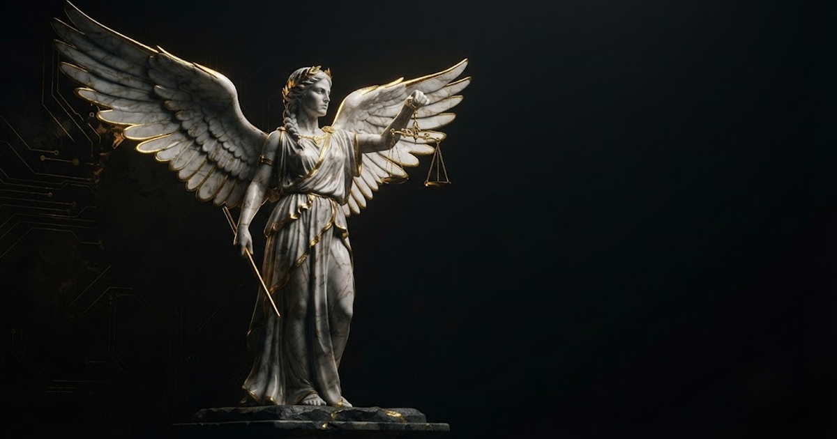 Nemesis, goddess of inescapable reckoning, evoking the failure of records that can be quietly altered by those they judge