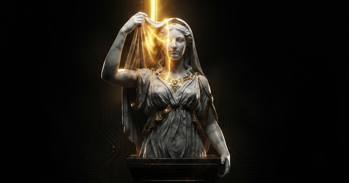 Aletheia, goddess of truth and disclosure, evoking a record created at the moment of the action that reveals any later tampering